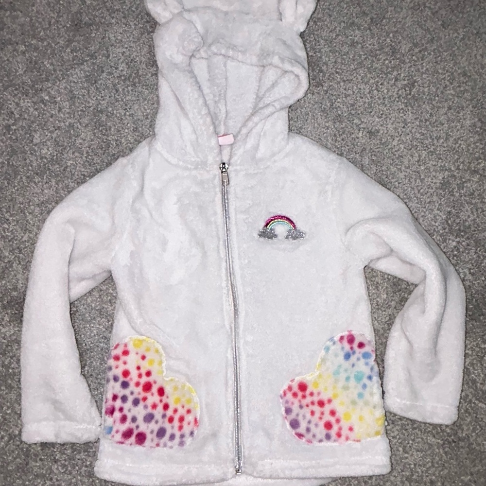 Penelope Mack White Fleece Jacket with Rainbow Heart Pockets